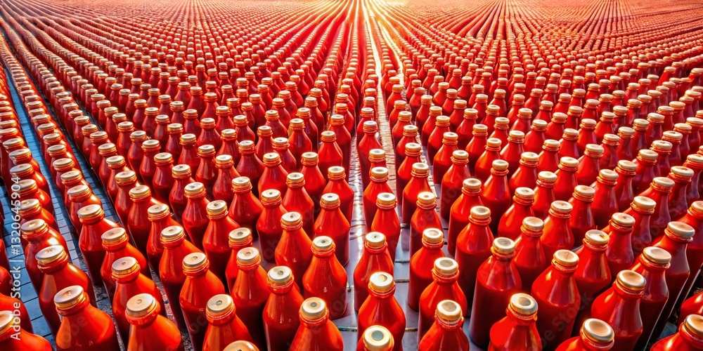 Fototapeta premium Aerial View of Ketchup Bottle Field, Red Sauce Packaging, Food Production, Farmland, Agriculture
