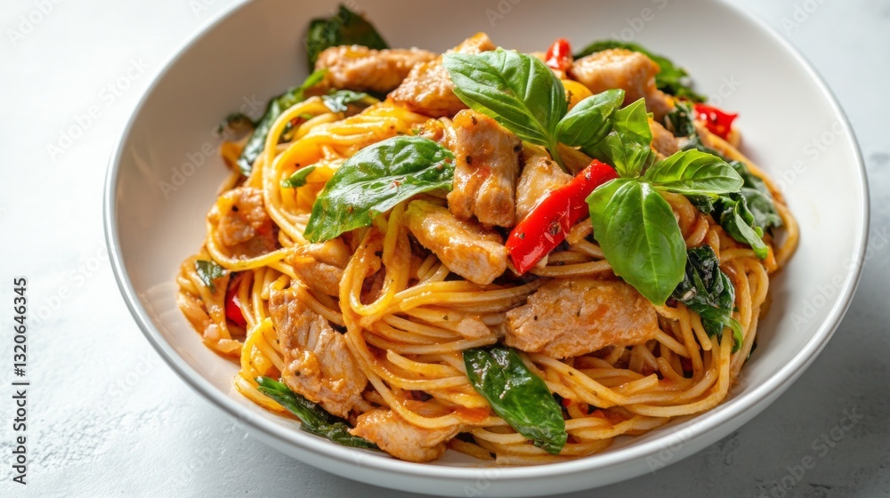 Bright and inviting, a plate of spicy Thai basil pork pasta bursts with flavor. Tender pork mingles with fresh basil and colorful peppers, creating a mouthwatering dish that delights the senses Bright and inviting, a plate of spicy Thai basil pork pasta bursts with flavor. Tender pork mingles with fresh basil and colorful peppers, creating a mouthwatering dish that delights the senses