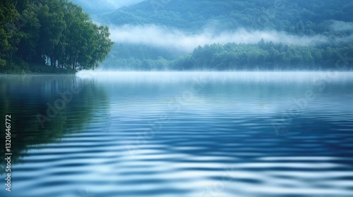 Pastel color illustration abstract background concept. Serene lake surrounded by misty mountains and lush greenery on a peaceful morning.