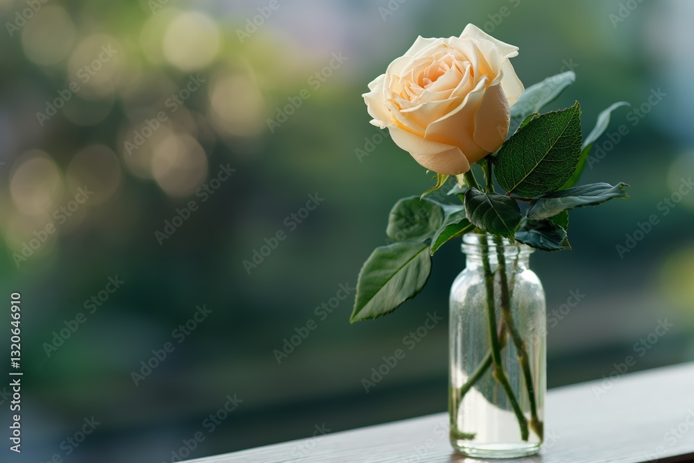Fototapeta premium Elegant pale yellow rose in glass vase with soft green background blur