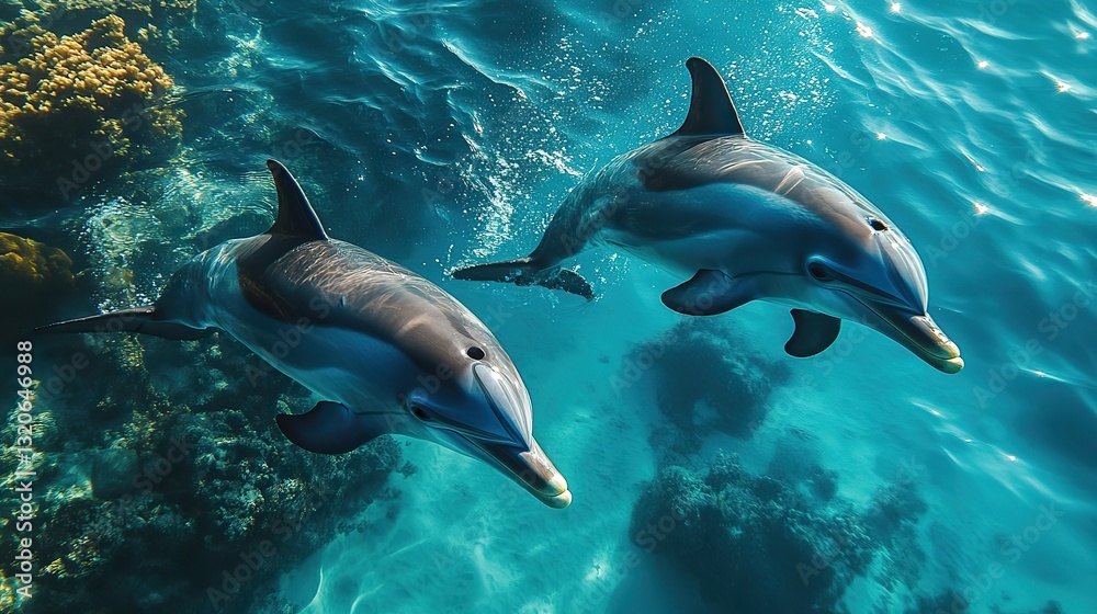 Fototapeta premium Dolphins swim in clear turquoise water, a marine wildlife spectacle.