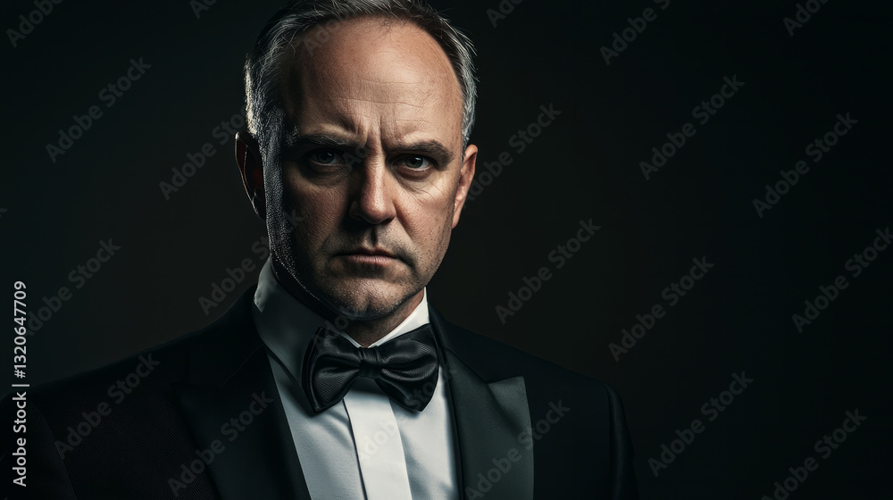 Fototapeta premium A man wearing a tuxedo and bow tie, looking straight at the camera, generative AI