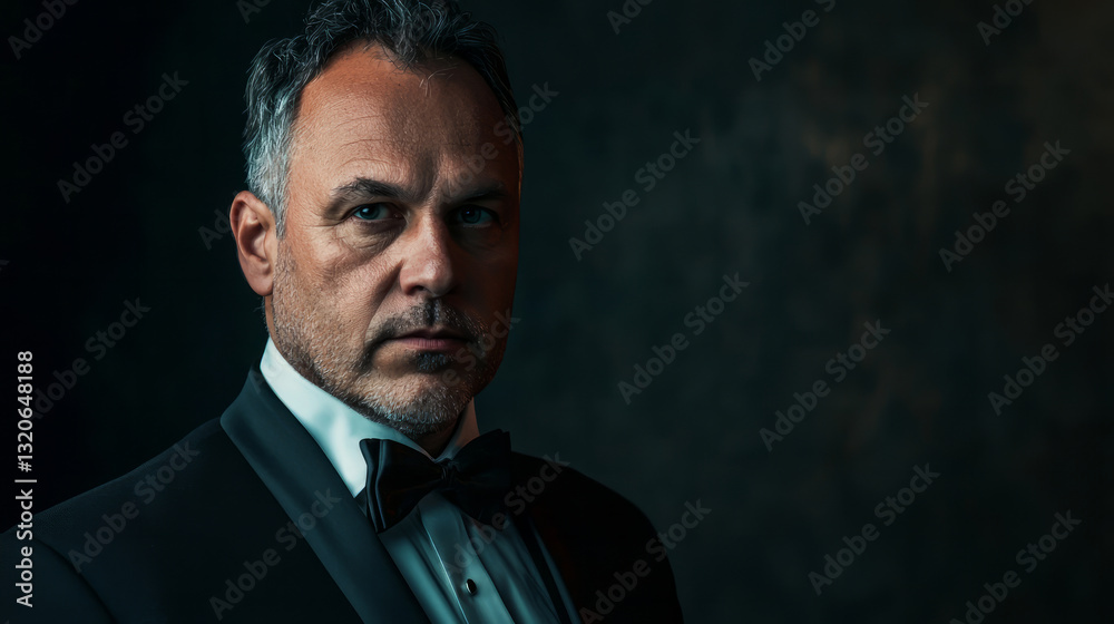 Fototapeta premium A man wearing a tuxedo and bow tie, looking straight at the camera, generative AI