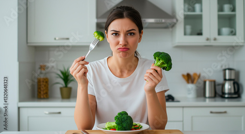 Unhappy woman with broccoli in modern kitchen, healthy eating resistance, nutrition struggle, lifestyle concept, picky eating behavior