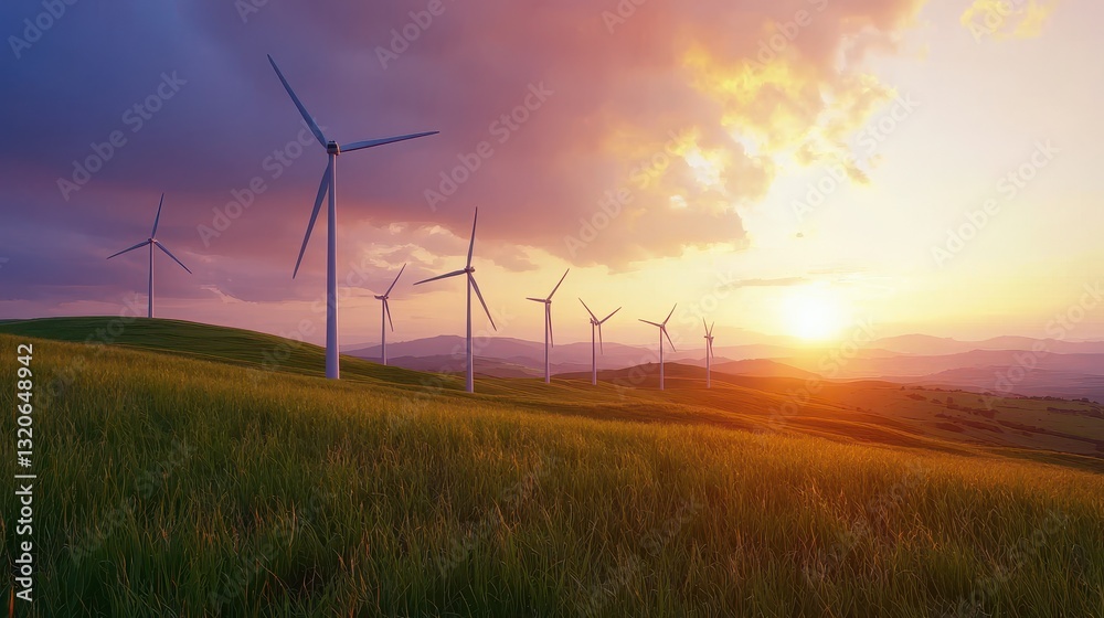 Serene Landscape with Wind Turbines at Sunset Over Rolling Hills and Green Grass Fields Serene Landscape with Wind Turbines at Sunset Over Rolling Hills and Green Grass Fields