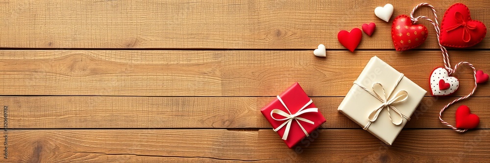 Wooden table decorated with red hearts and a white gift box creating a romantic atmosphere Wooden table decorated with red hearts and a white gift box creating a romantic atmosphere
