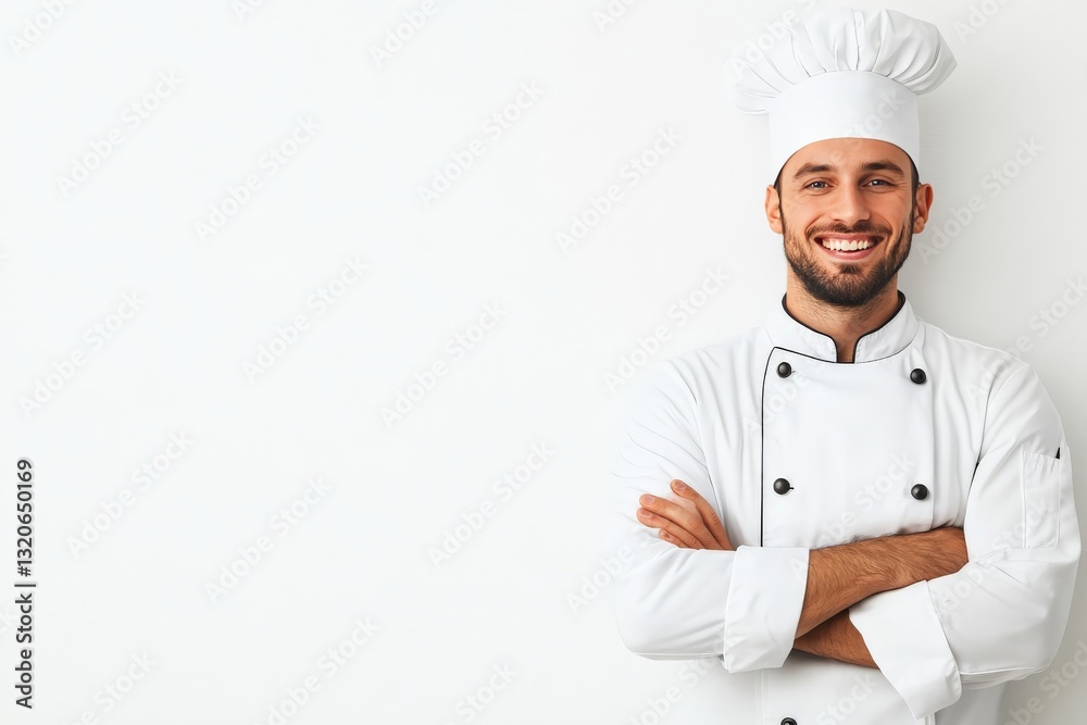 Smiling professional male chef in a white uniform and hat standing against a clean white background, representing culinary expertise, fine dining, and professional cooking Smiling professional male chef in a white uniform and hat standing against a clean white background, representing culinary expertise, fine dining, and professional cooking