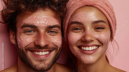 Enjoying their skincare routine together, a cheerful man and woman smile while applying moisturizing foam on their faces.