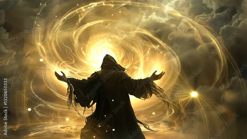 Mächtiger Magier entfaltet eine riesige goldene Energiewelle