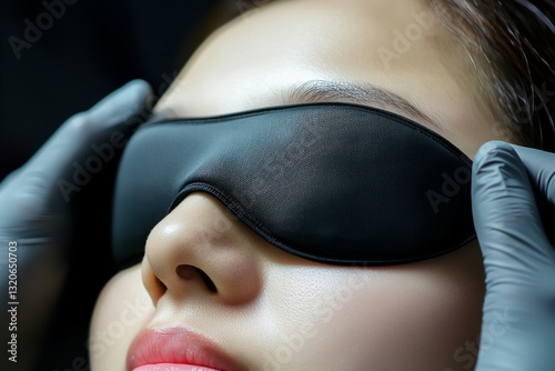 A close-up of a woman wearing a black eye mask during a beauty treatment photo