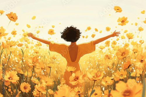 a joyful and uplifting Women's Day scene set in a field of golden flowers. The image should show a woman with short, curly hair, standing with her arms outstretched, as if embracing the moment. 