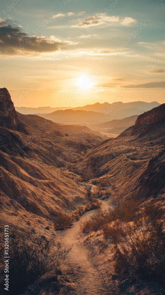 Fototapeta premium A majestic sunset unfolds over rugged mountain landscapes. Soft rays illuminate the serene valley. Nature reveals its stunning beauty every day. Generative AI