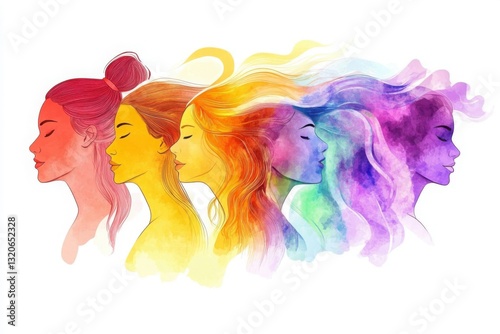 an artistic and colorful illustration for International Women's Day. The design should depict a group of women's profiles in a layered, overlapping style. 