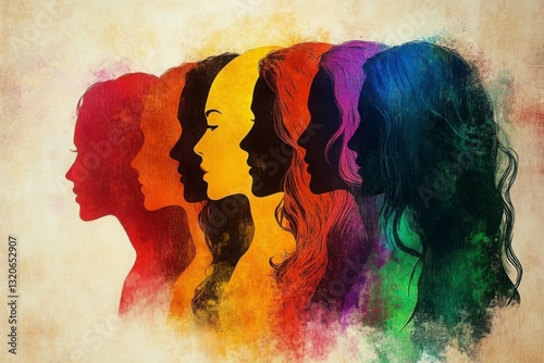 an artistic and colorful illustration for International Women's Day. The design should depict a group of women's profiles in a layered, overlapping style.