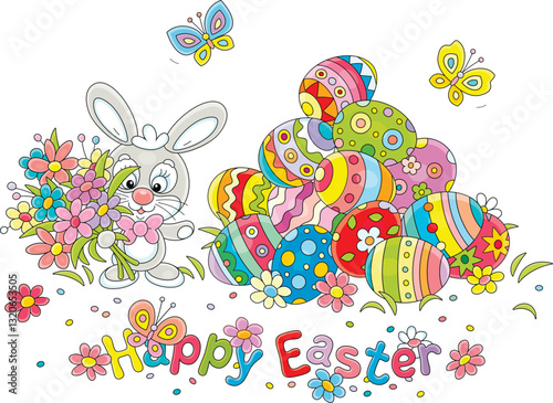 Greeting card with a happy Easter bunny holding a bouquet of spring flowers and colorfully painted gift eggs with small butterflies flying merrily around, vector cartoon illustration on white