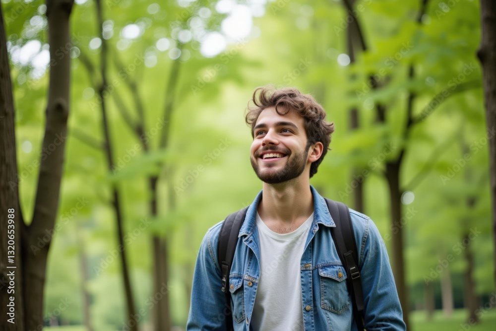Smiling Young Caucasian Male in Casual Outfit Enjoying Nature in a Lush Green Park Surrounded by Trees, Capturing the Essence of Joy and Serenity Smiling Young Caucasian Male in Casual Outfit Enjoying Nature in a Lush Green Park Surrounded by Trees, Capturing the Essence of Joy and Serenity