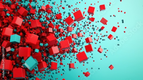 Vibrant Explosion of Red and Cyan Cubes in Abstract Three-Dimensional Space for Creative Background Use