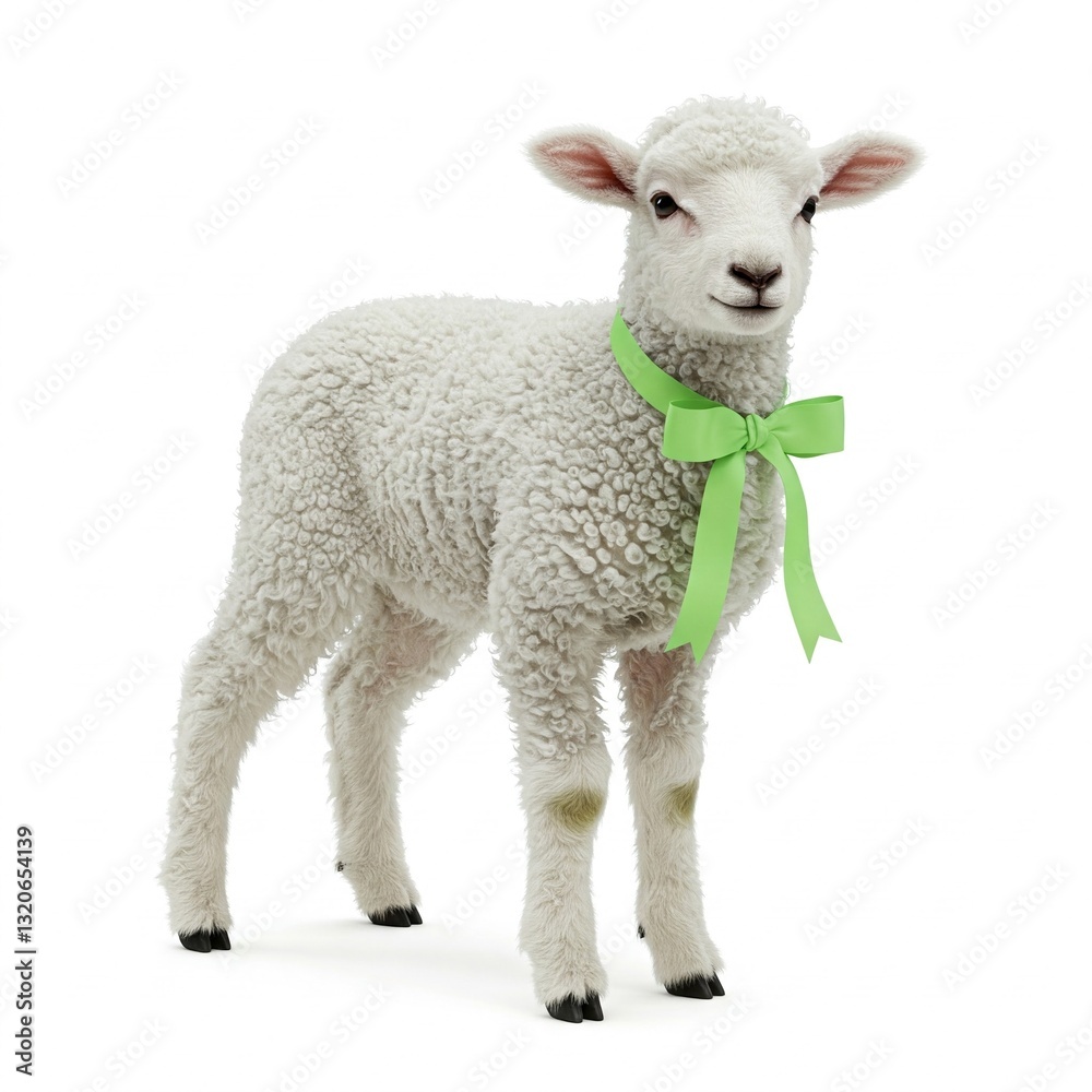 Obraz premium cute white lamb with green bow on white background easter spring
