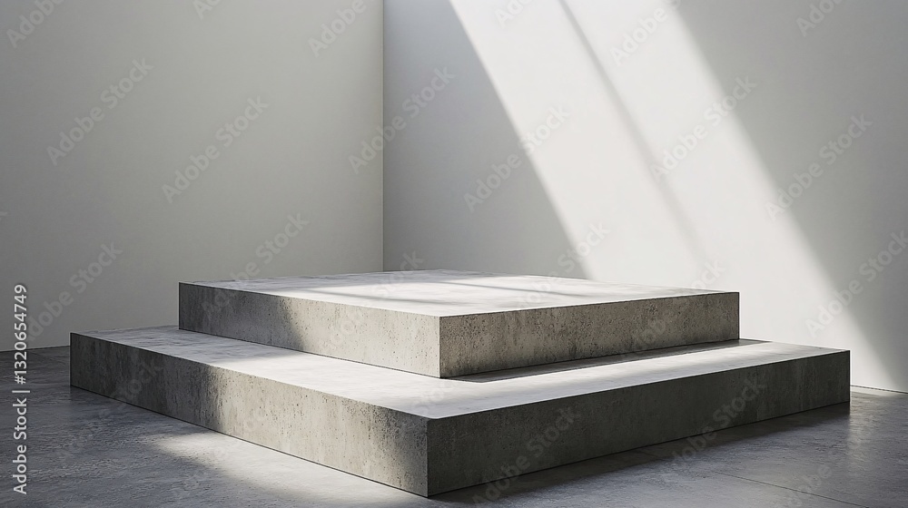 Fototapeta premium Two tiered concrete platforms inside a minimalist white room