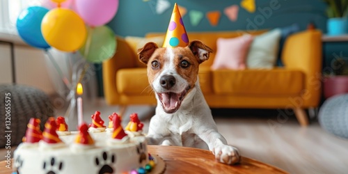 Adorable dog wearing a party hat celebrates birthday with a cake and colorful balloons in the cozy living room.