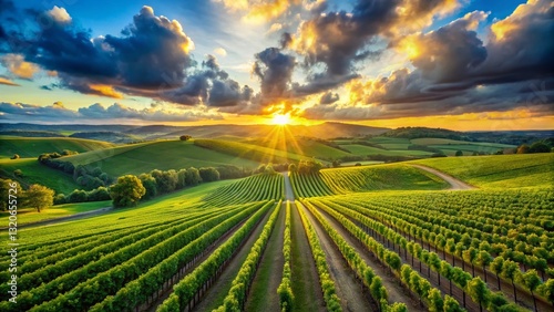 Aerial View of Rolling Green Vineyard Hills at Sunset, Sunlit Grapevines, Rural Wine Farm Landscape