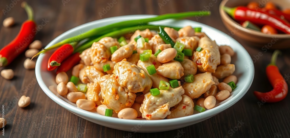 Vibrant chicken, peanuts, green onions, chili peppers on white plate, green onions, closeup Vibrant chicken, peanuts, green onions, chili peppers on white plate, green onions, closeup