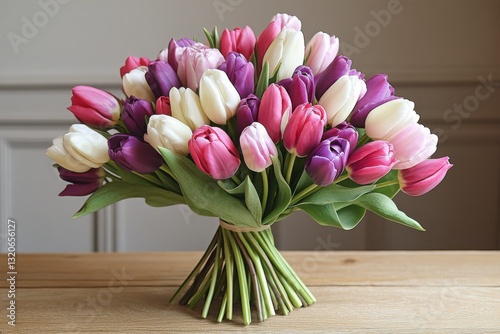 The design should feature a bouquet of colorful tulips in shades of pink, purple, and white, arranged naturally on a wooden surface.