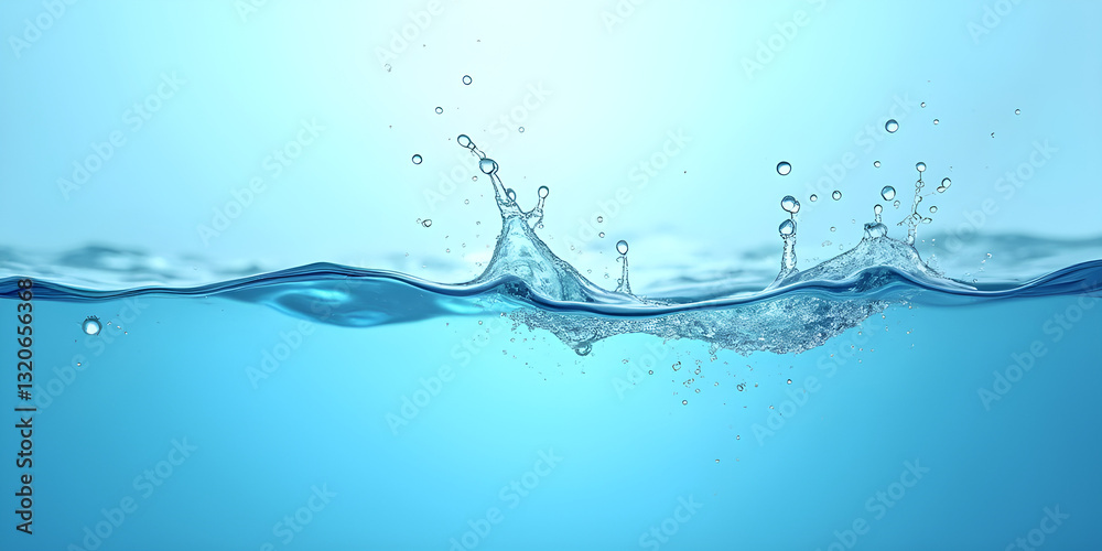 Clear water splashes, water droplets scatter, forming dynamic waves, in a light blue background, fresh and natural scene. Clear water splashes, water droplets scatter, forming dynamic waves, in a light blue background, fresh and natural scene.