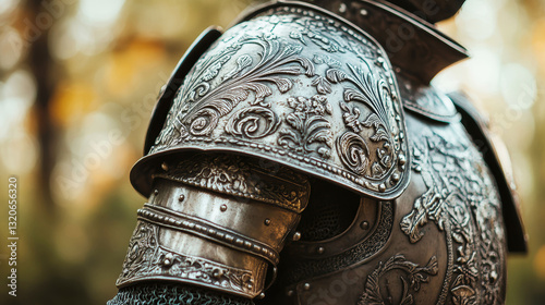 Intricately designed knight's pauldron shines amidst a blurred medieval battlefield backdrop photo