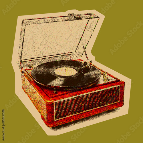 Retro record player with halftone stipple effect. An AI image was used as the input.