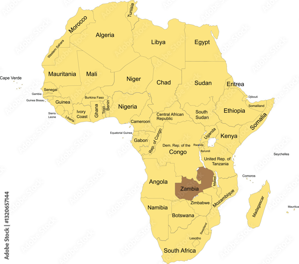 Obraz premium Detailed national location map of ZAMBIA within the great continent of Africa