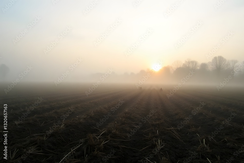 Fototapeta premium A misty early morning view of a farm, with plowed land and unharvested crops.