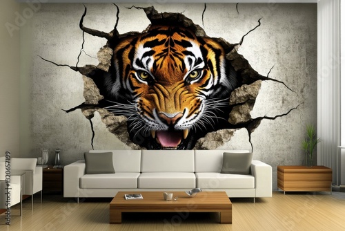 The mural should depict a fierce tiger emerging from a cracked wall, giving the illusion of depth and movement.