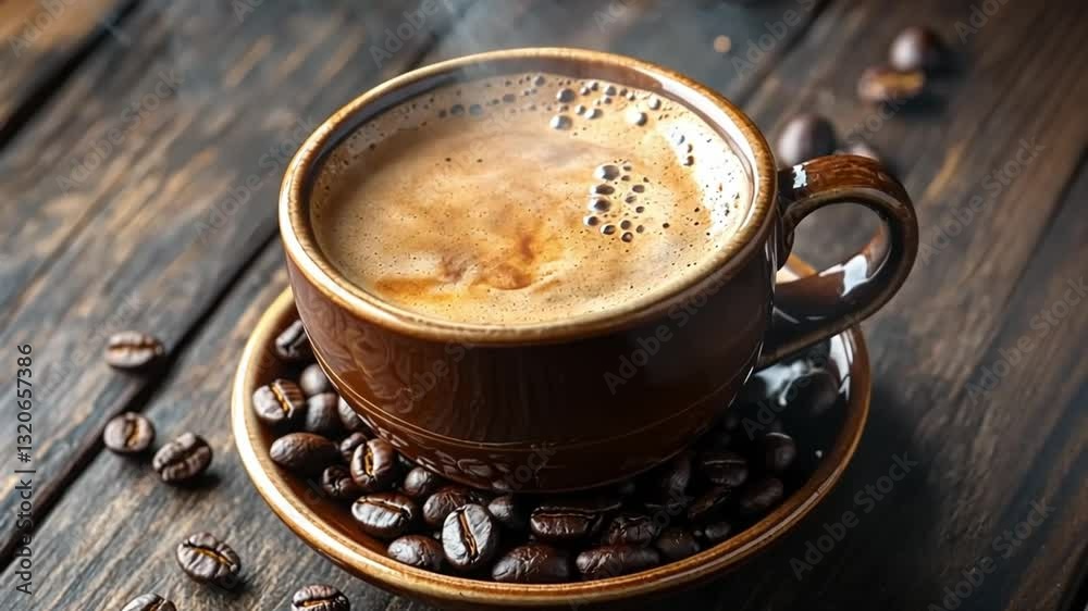 Aromatic Brew: A ceramic cup filled with rich, steaming coffee sits atop a saucer, surrounded by scattered coffee beans on a rustic wooden surface, evoking warmth and comfort.
