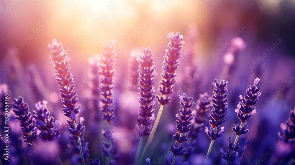 Fototapeta premium a close-up of vibrant lavender flowers bathed in the warm glow of the sun, showcasing their delicate beauty and captivating fragrance. The image evokes feelings of peace and serenity