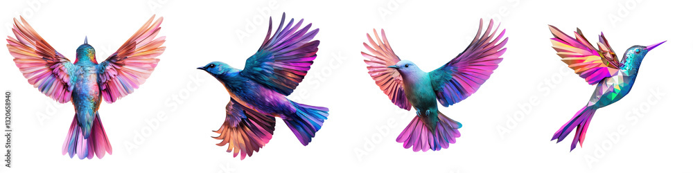Obraz premium Stunning close up photographs of vibrant hummingbirds in dynamic flight showcasing their colorful iridescent feathers delicate features and graceful aerial movements These images capture the beauty