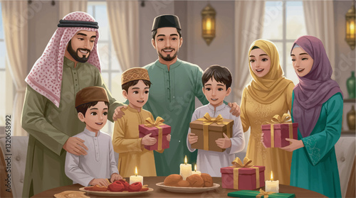 Cute 3D Cartoon Muslim Family Celebrating Eid with Festive Decorations