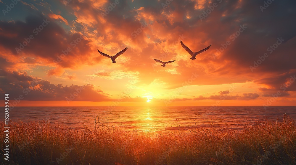 Fototapeta premium Four birds gracefully soar over a lush grass field, creating a serene, picturesque evening sky bathed in vibrant orange sunset.