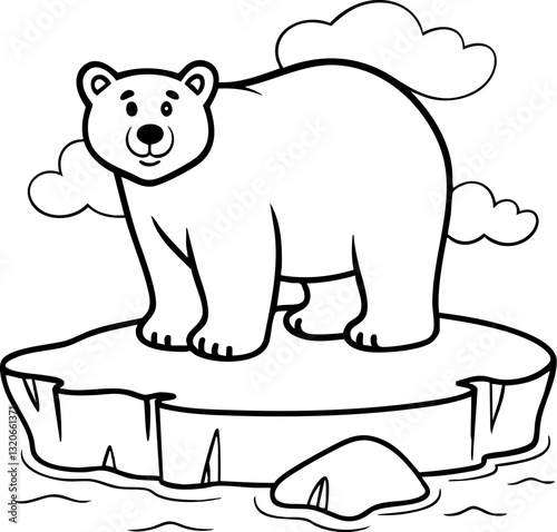 A polar bear stands on an ice floe under a cloudy sky.
