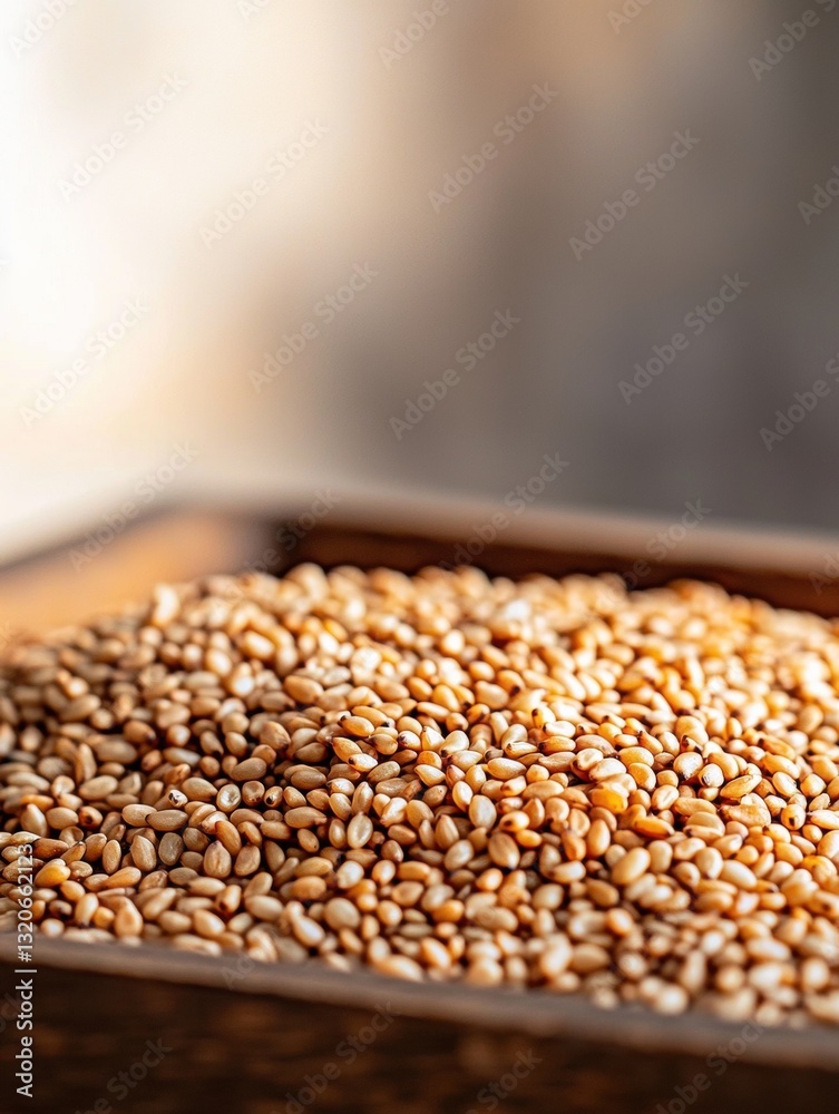 Obraz premium Close-up of a tray filled with small, round, golden-brown seeds. the tray appears to be made of wood or metal and is placed on a wooden surface.