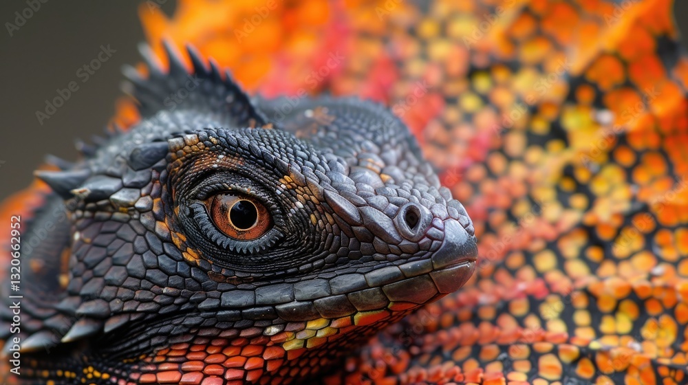 Fototapeta premium Close-up of a vibrant lizard with vivid orange and black scales, showcasing intricate patterns and captivating eye details.