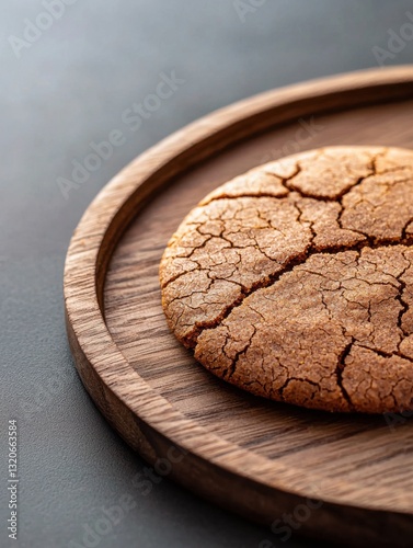 Round wooden plate with a crackled cookie on it. the cookie appears to be freshly baked and has a golden brown color with visible cracks throughout.