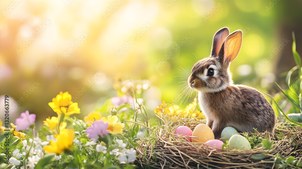 Obraz premium A cute bunny hopping in the sunshine next to a vibrant Easter nest, surrounded by spring flowers.A cute bunny hopping in the sunshine next to a vibrant Easter nest, surrounded by spring flowers.