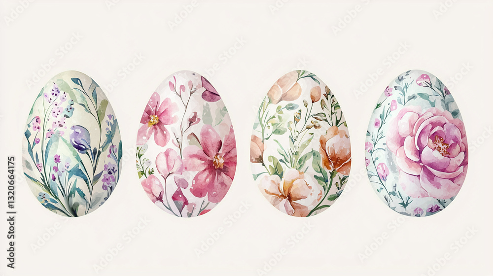 Fototapeta premium Soft and dreamy watercolor Easter eggs adorned with delicate floral patterns in gentle pastel tones, evoking a serene and whimsical springtime charm. 