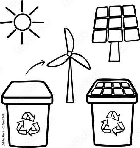 Recycling symbols alongside renewable energy sources like wind, solar, and sun.