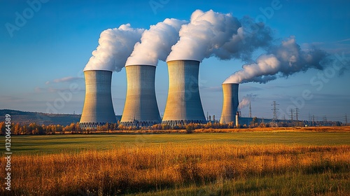 Four large industrial chimneys release white smoke into a clear blue sky, highlighting industrial pollution's environmental impact. photo