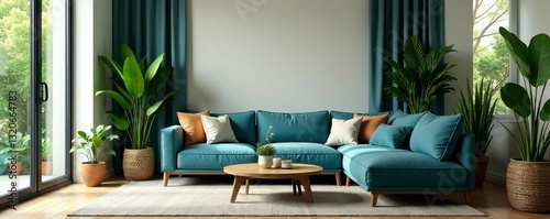 Botanic living room with a blue couch, lush greenery, natural light, plants, green, home