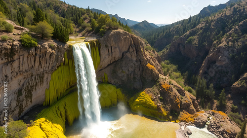 a stunning aerial shot of the waterfall covered in green and yellow algae and the surrounded mountain landscape at Paradise Falls in Thousand Oaks California
