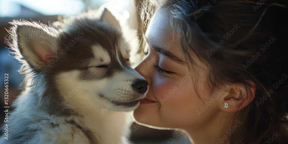 National pet day with playful and love idea. Girl kissing a puppy in a warm, affectionate moment. National pet day with playful and love idea. Girl kissing a puppy in a warm, affectionate moment.