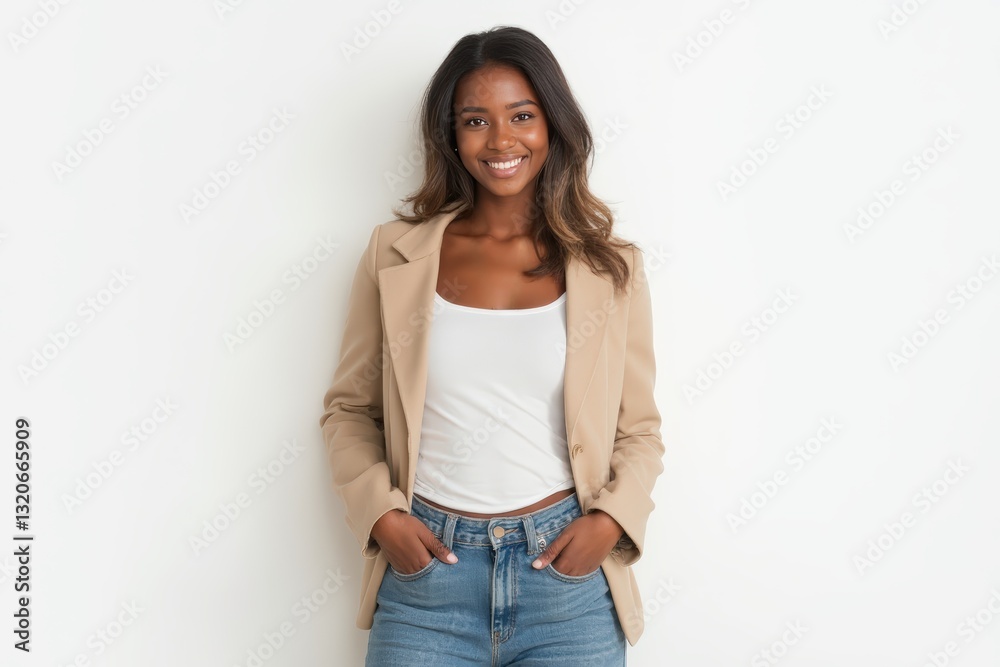 Half-Length (Waist-Up) portrait of young stylish smiling Haitian female model in casual wear isolated on pure white background looking at camera